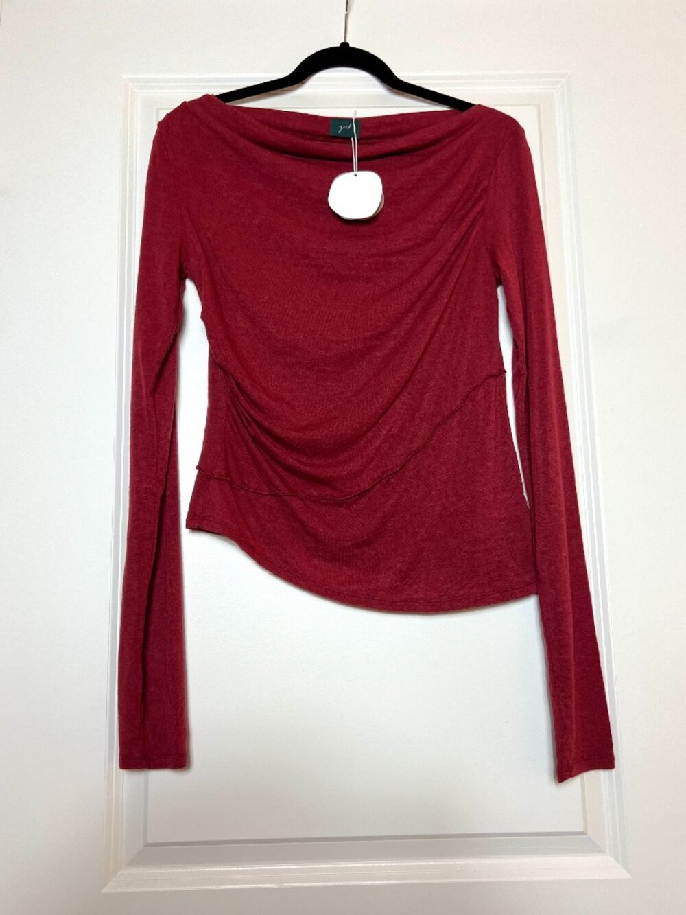 Geel Drew Top Dark Red Long Sleeve Semi Sheer Asymmetrical Hem Shirt NWT | M